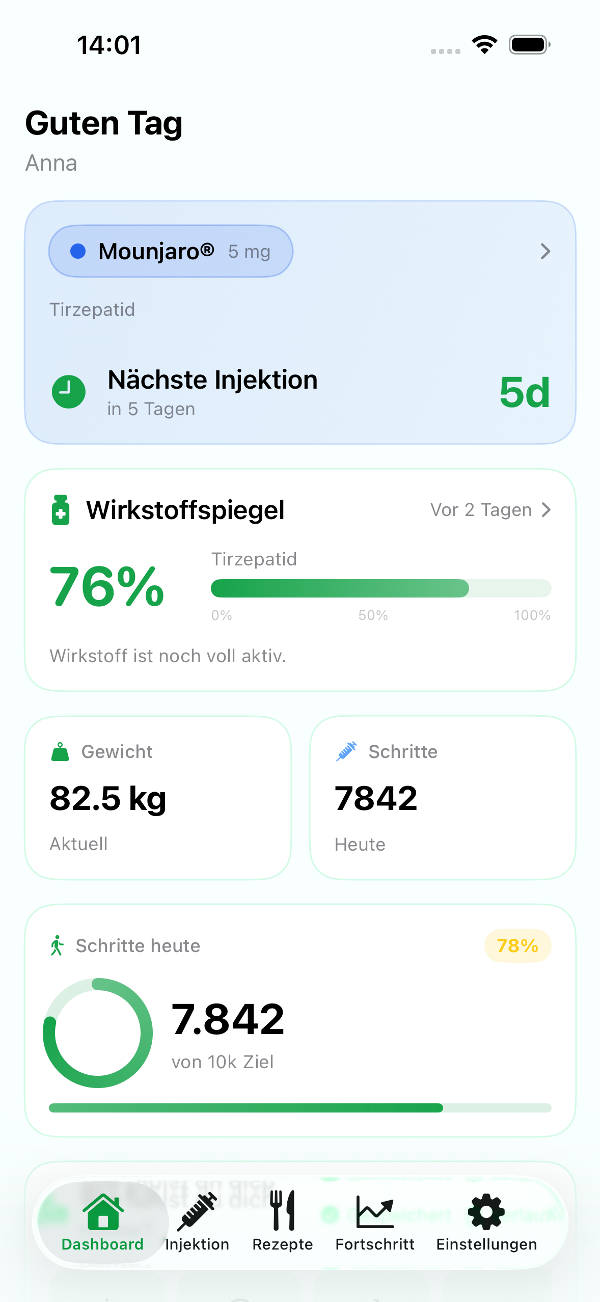 Levida Dashboard — Übersicht mit Wirkstoffspiegel, Gewicht und Schritten