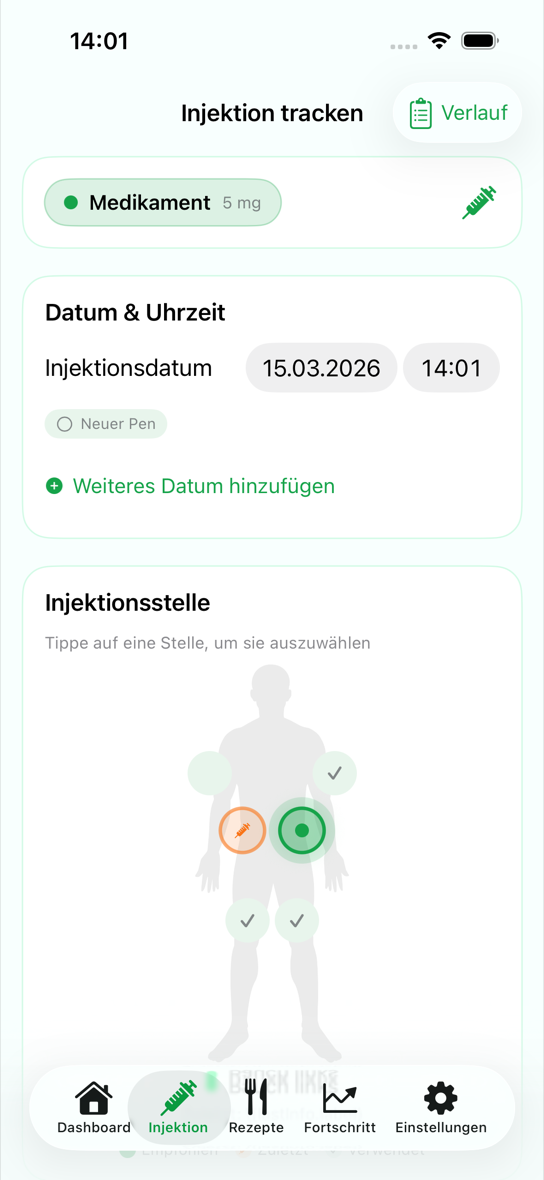 Levida Injektions-Tracker Ansicht