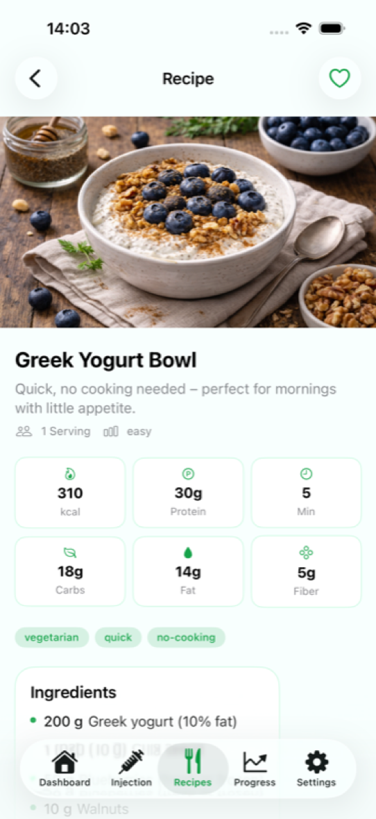 Levida recipe detail with nutrition info, ingredients, and GLP-1 tip