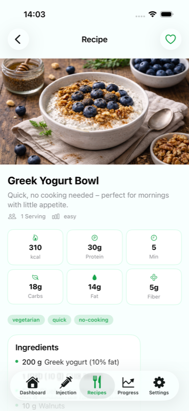 Levida recipe detail with nutrition info, ingredients, and GLP-1 tip
