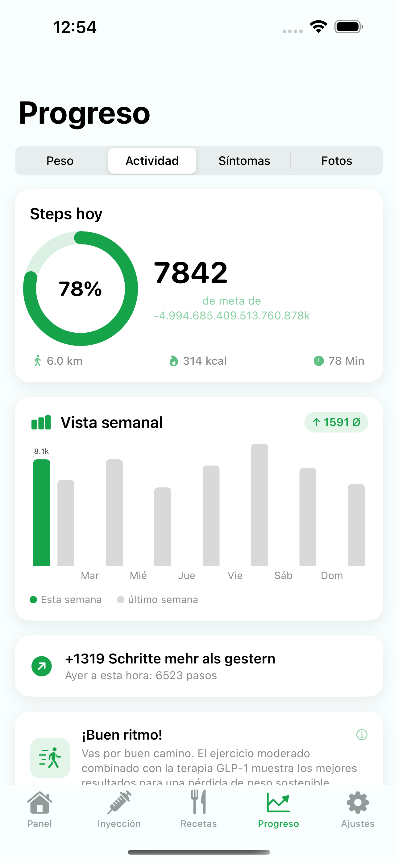 Seguimiento de movimiento de Levida con pasos y comparación semanal