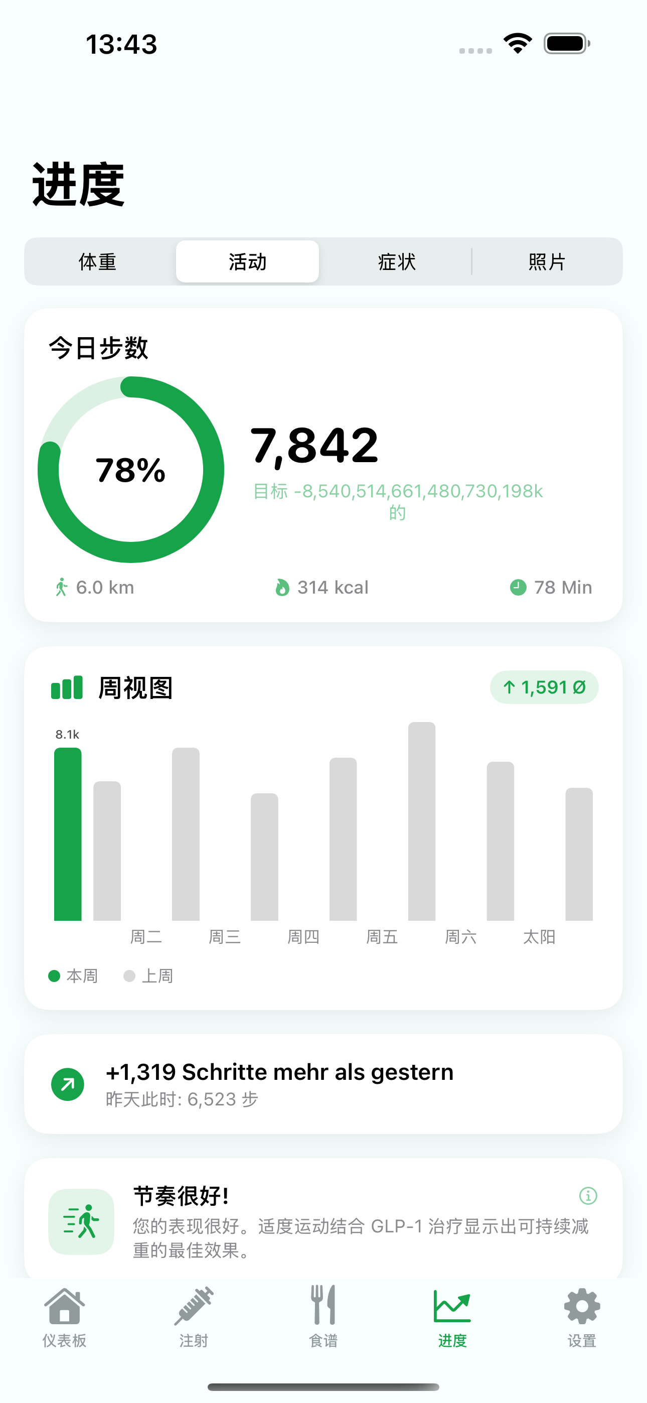 Levida 运动追踪，显示步数和每周对比